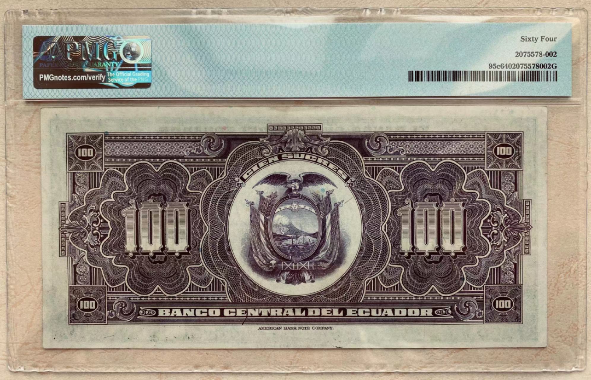 【Blue Auction】✨世界纸币精拍第300期盛典🔥🔥🔥 【实钞高分少见】厄瓜多尔 1947年100苏克雷 PMG64 大天使 ABNC经典形象 雕刻精美