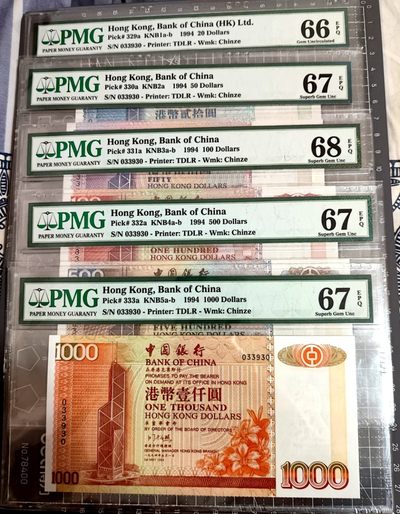 【Blue Auction】✨世界纸币精拍第300期盛典🔥🔥🔥 【无冠号版无47全同033930号一套5张】香港 中国银行 1994年20-1000元 PMG68EPQ-66EPQ 背面香港风光