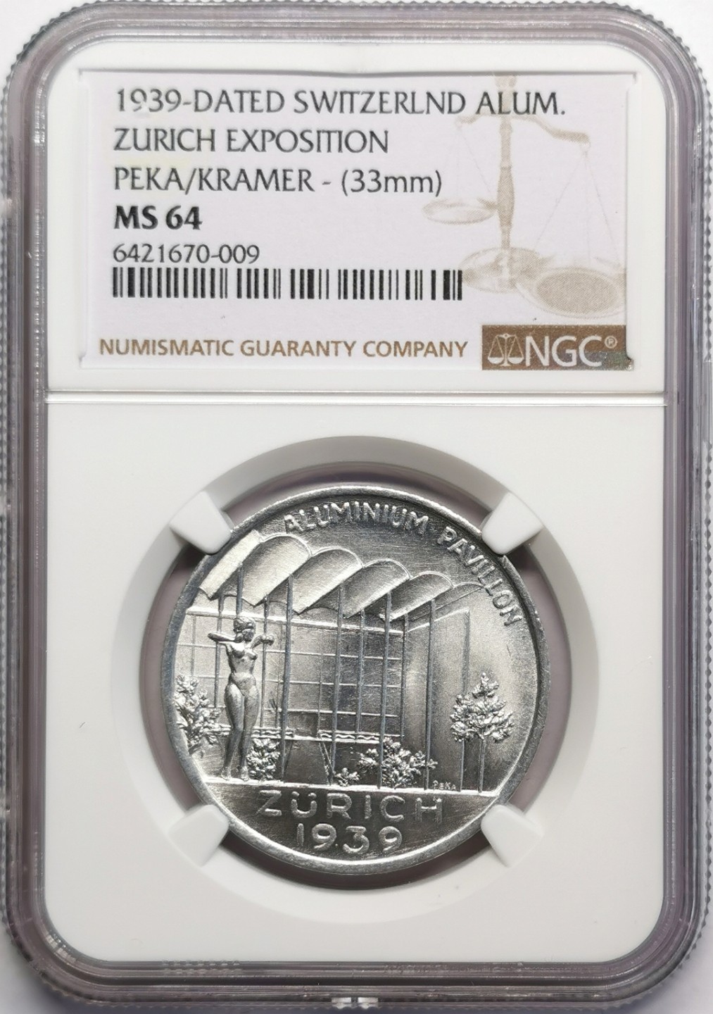 凡希社世界钱币微拍第二百三十期 1939苏黎世博览会纪念铝章NGC-MS64