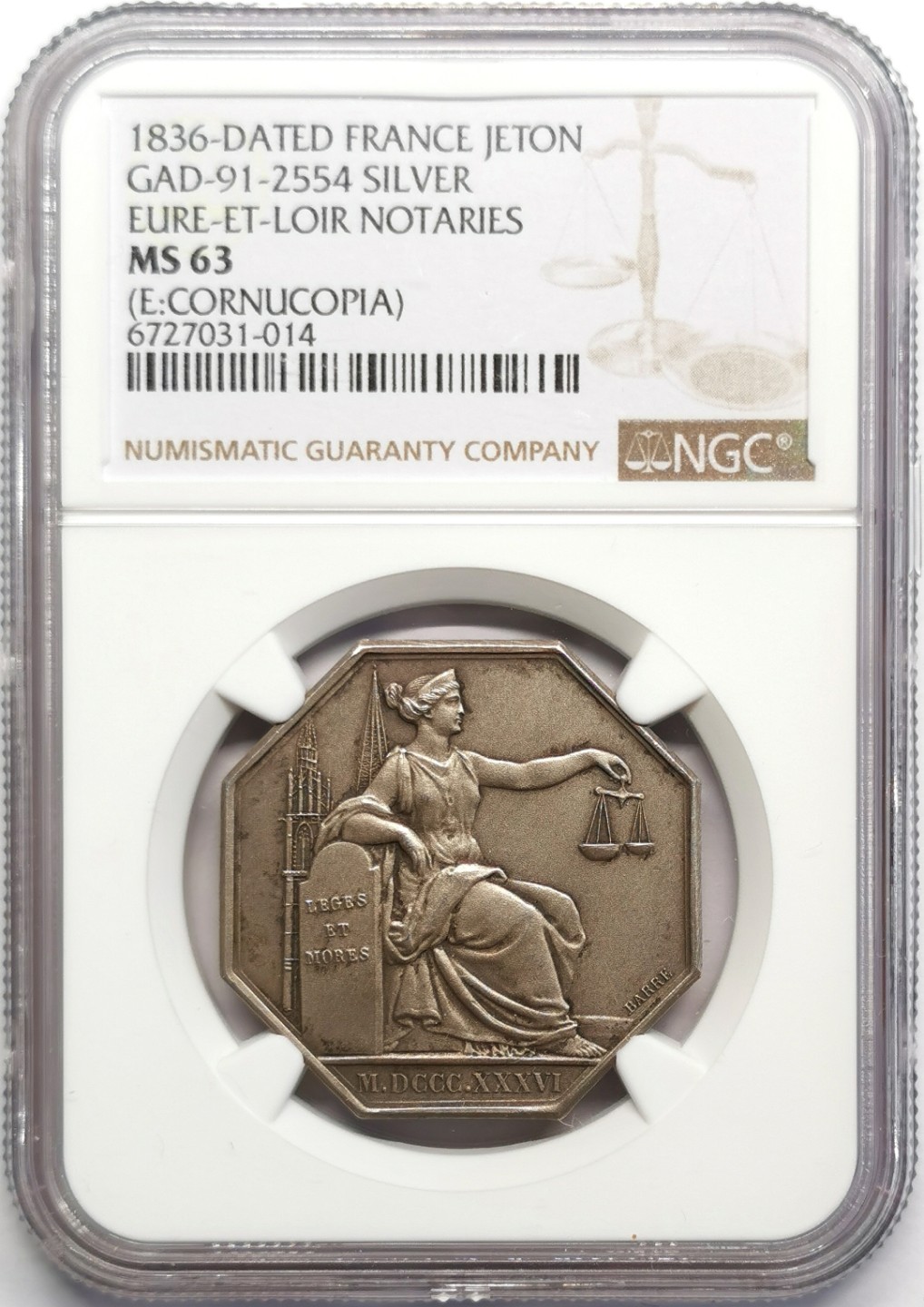 凡希社世界钱币微拍第二百三十期 1836法国卢瓦尔公证处八角银章NGC-MS63