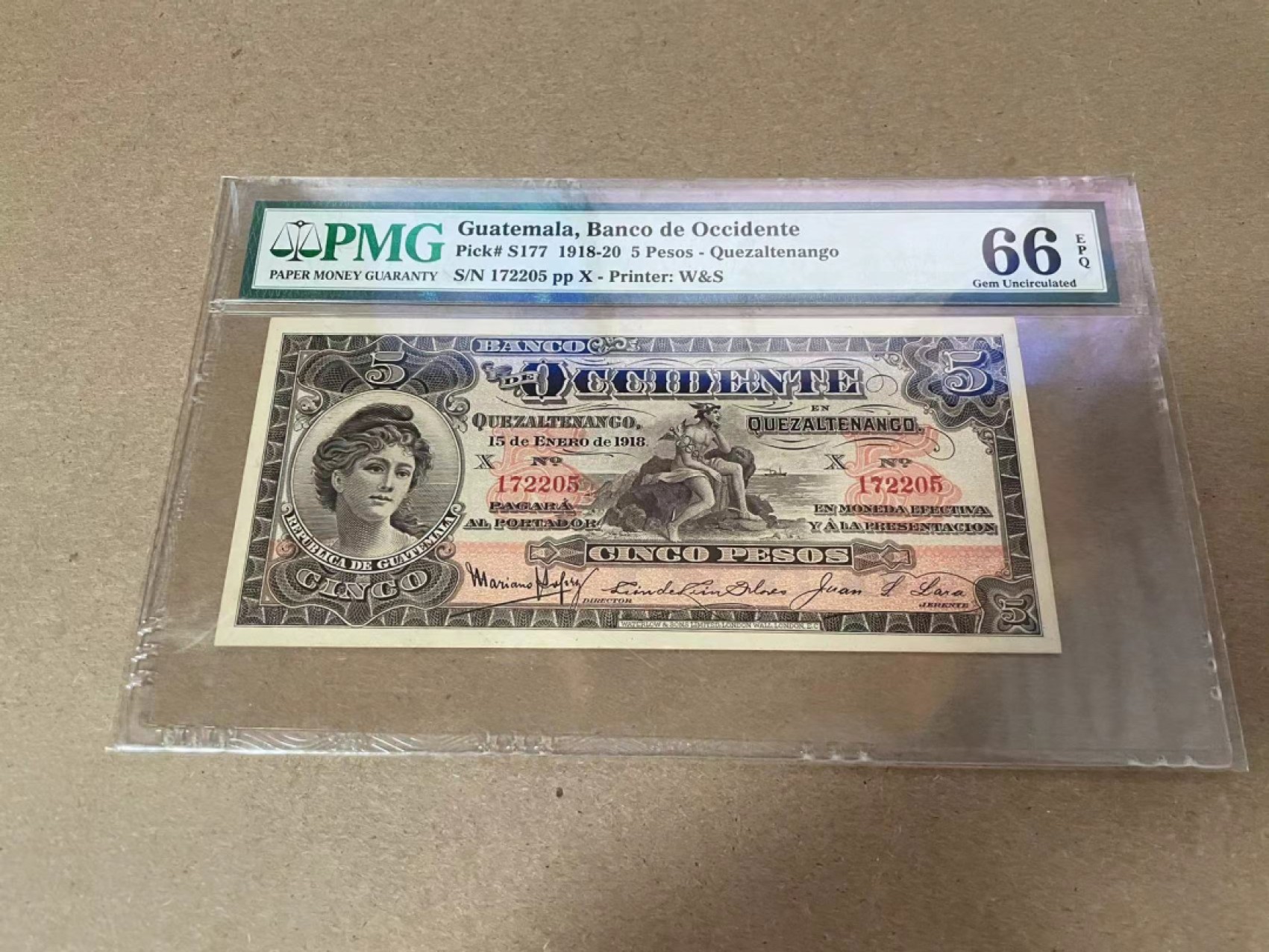 【Blue Auction】✨世界纸币精拍第300期盛典🔥🔥🔥 【冠军分 百年风云】危地马拉 1918-20年5比索 墨丘利 PMG66EPQ 精美