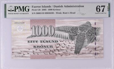 【Blue Auction】✨世界纸币精拍第300期盛典🔥🔥🔥 【初版无47】法罗群岛 2005年1000克朗 PMG67EPQ 