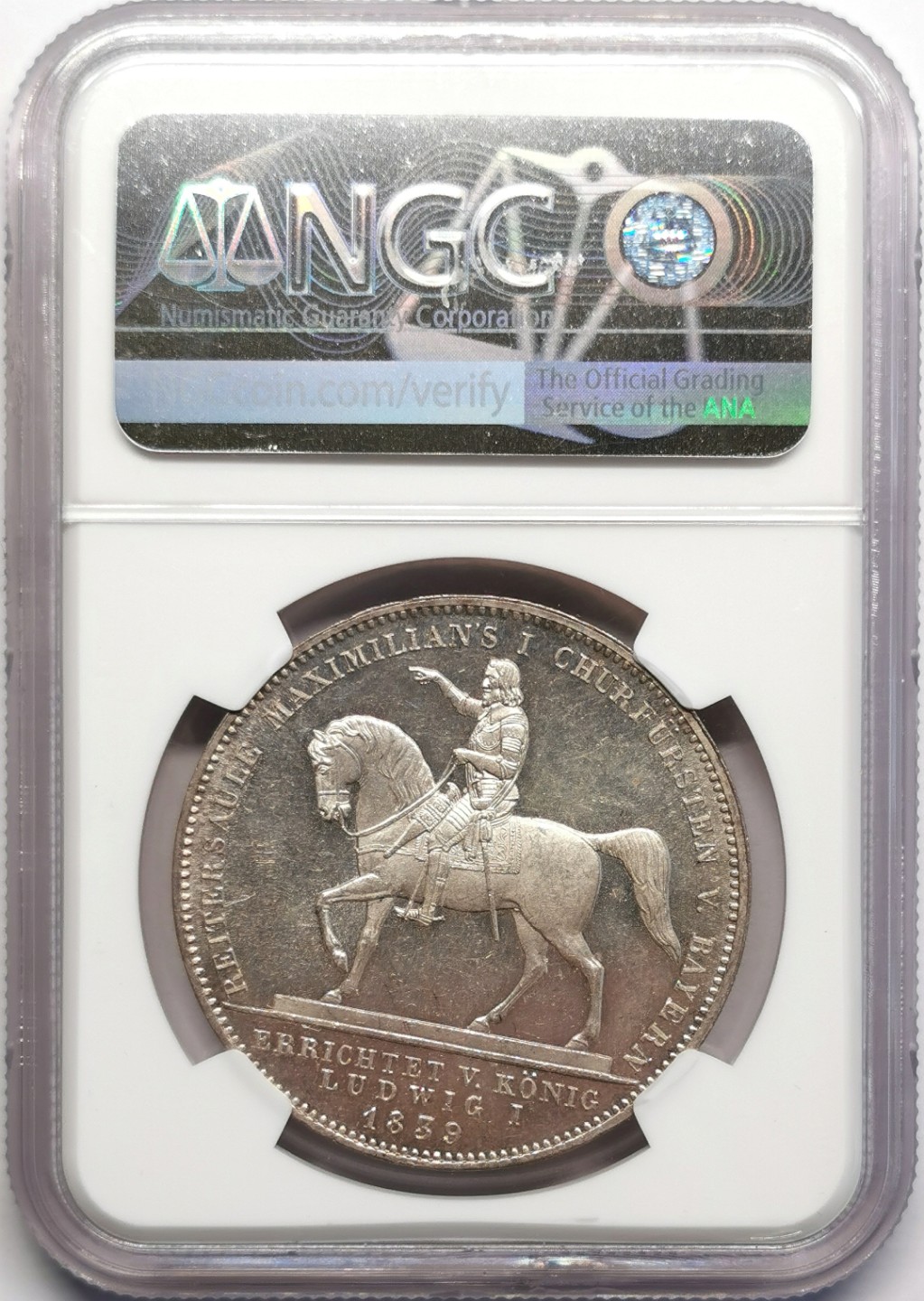 凡希社世界钱币微拍第二百三十期 荐！1839巴伐利亚马克西米连纪念2泰勒大银NGC-MS63淡色紫金彩！