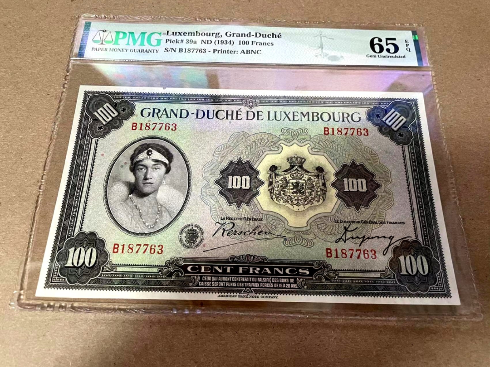 【Blue Auction】✨世界纸币精拍第300期盛典🔥🔥🔥 卢森堡 1934年100法郎 PMG65EPQ 绝品 女大公 背面大场景非常漂亮 ABNC精品