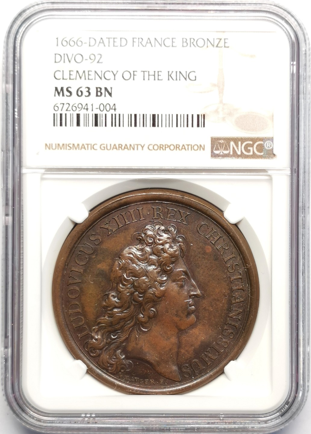 凡希社世界钱币微拍第二百三十期 1666法国太阳王路易十四宽容与正义纪念铜章NGC-MS63铜色优美！