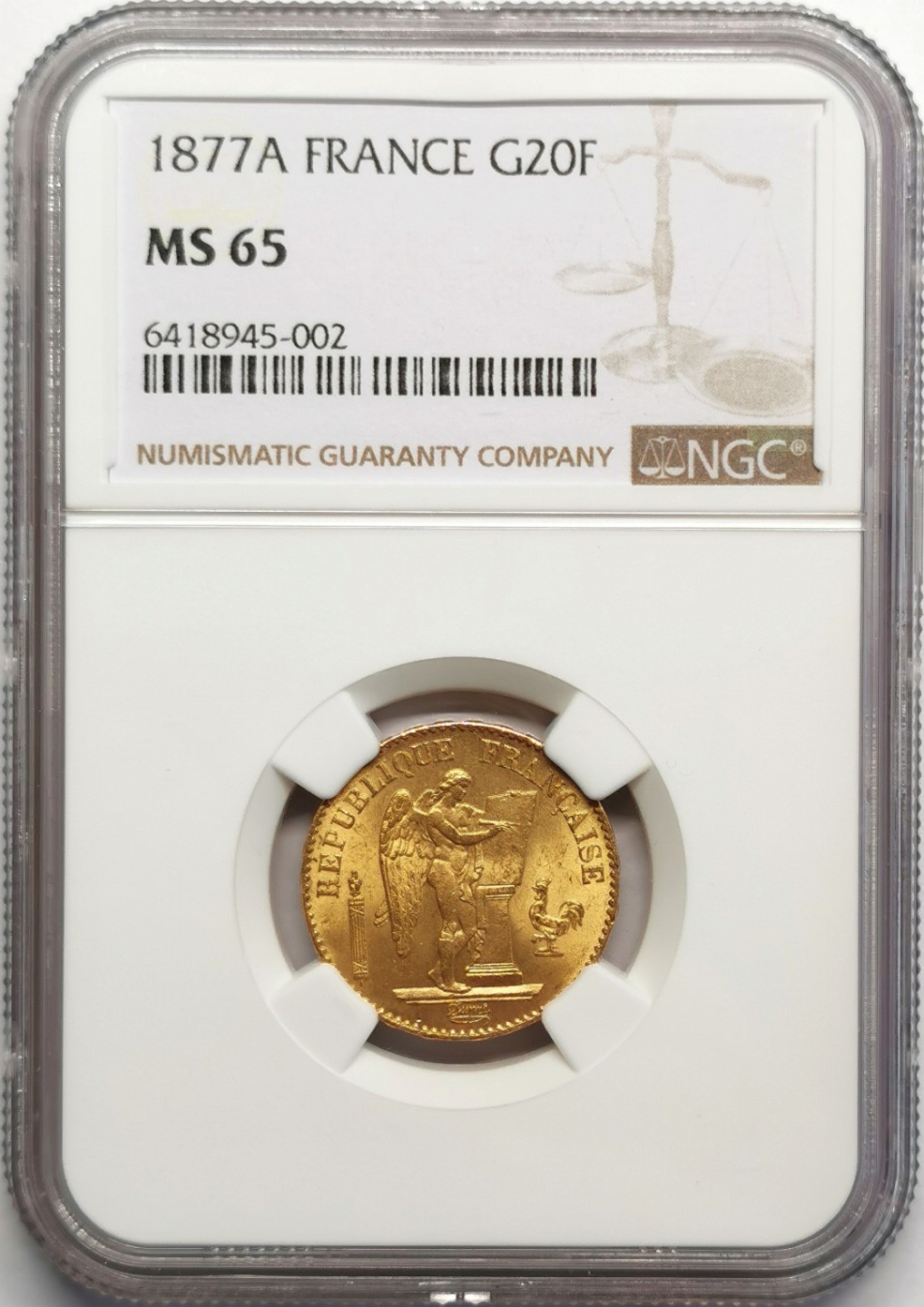 凡希社世界钱币微拍第二百三十期 荐！1877法国天使20法郎金币NGC-MS65