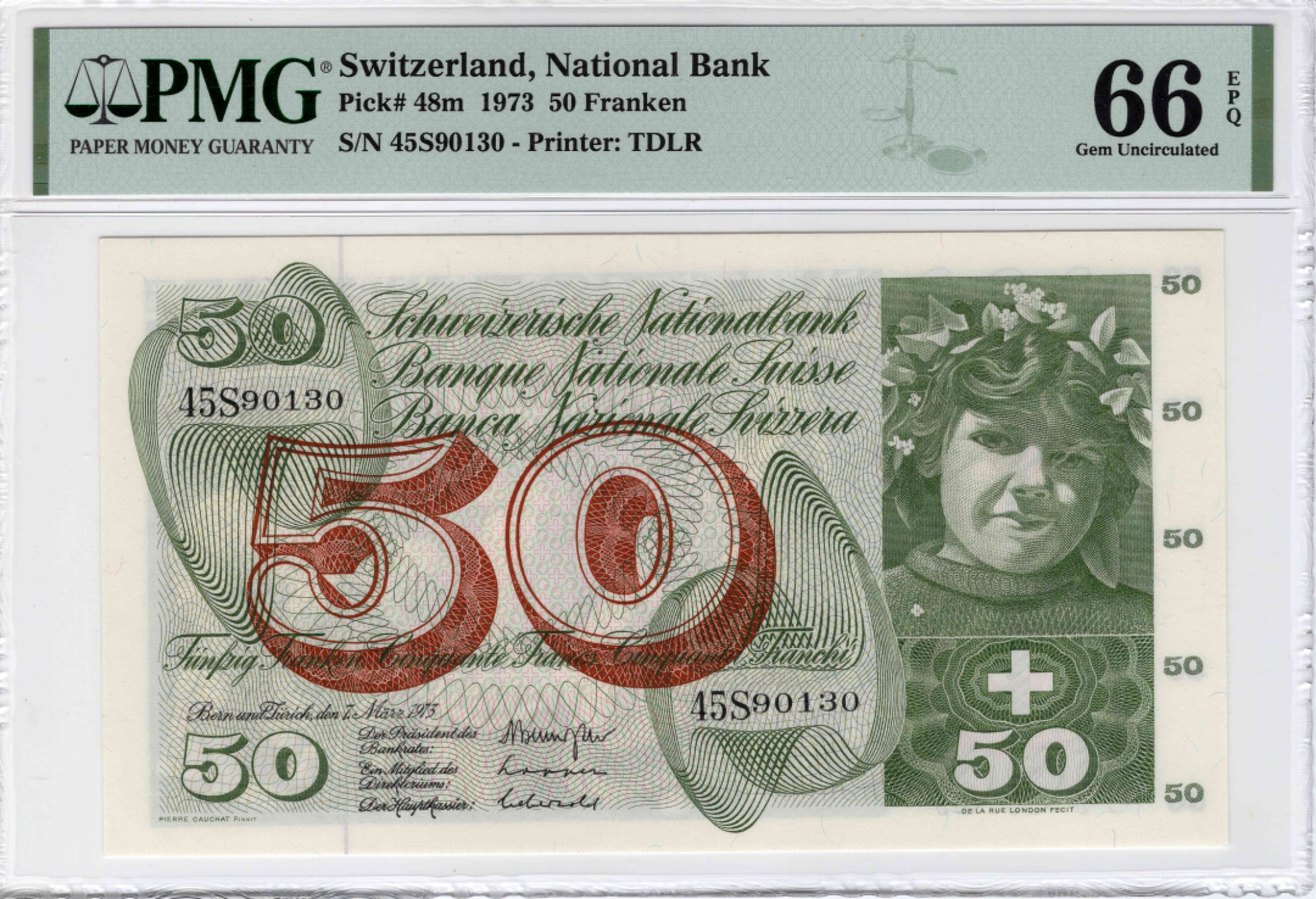 【Blue Auction】✨世界纸币精拍第300期盛典🔥🔥🔥 瑞士 1973年50法郎 苹果园 PMG66EPQ  
