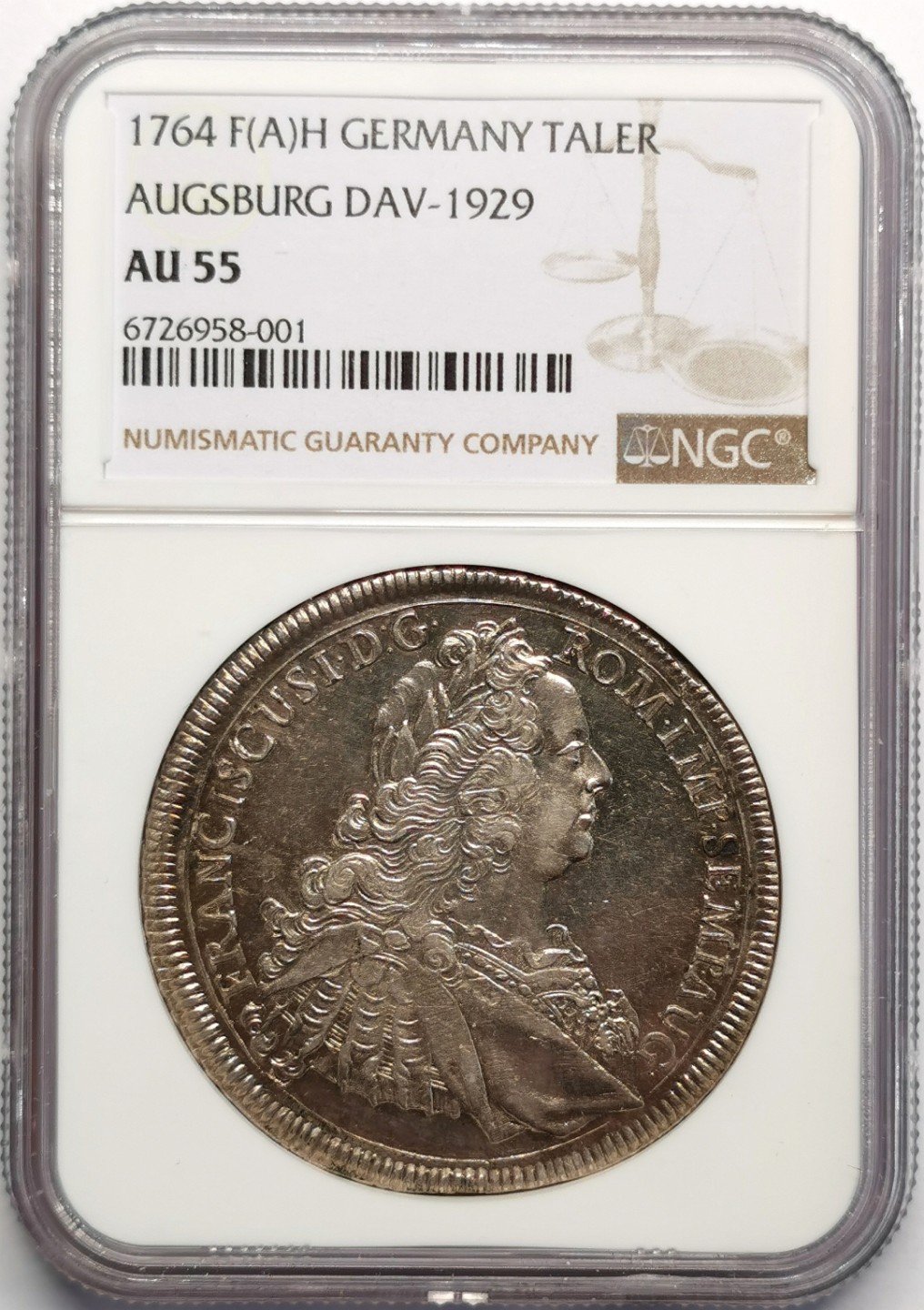 凡希社世界钱币微拍第二百三十期 1764神罗奥格斯堡双头鹰泰勒大银NGC-AU55