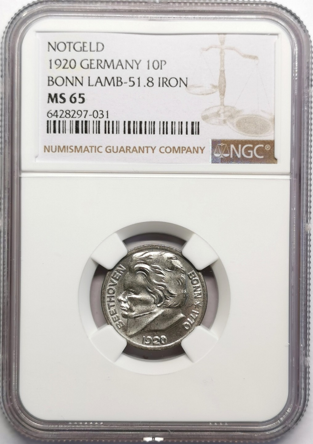 凡希社世界钱币微拍第二百三十期 1920德紧波恩贝多芬10芬尼铁币NGC-MS65原光亚军分！