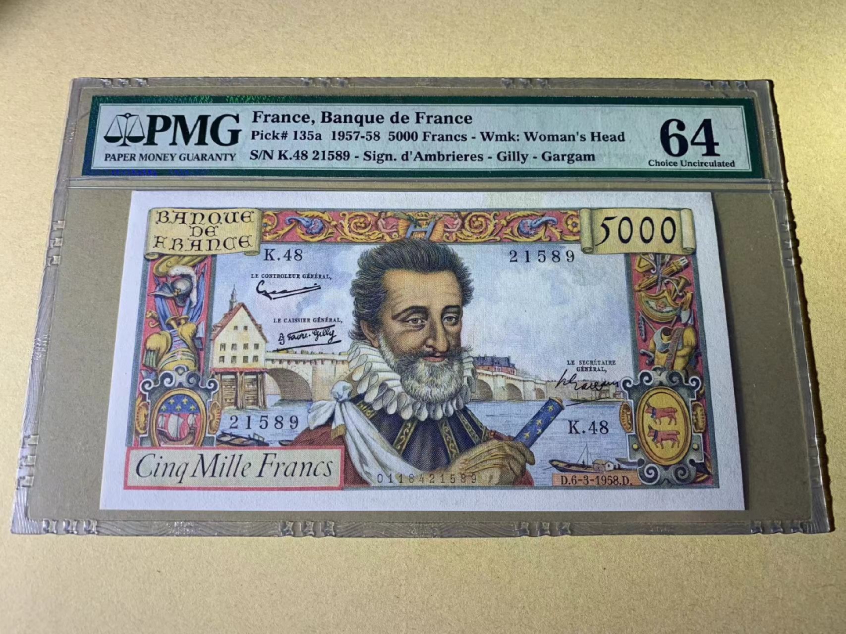 【Blue Auction】✨世界纸币精拍第300期盛典🔥🔥🔥 【无47 改值前版本】法国 1957-58年5000法郎 PMG64 亨利四世 设计精美