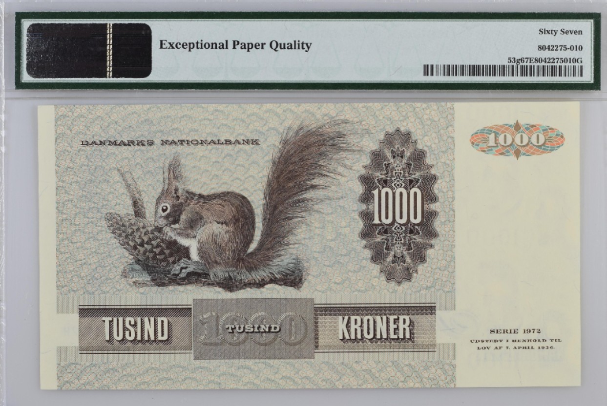 【Blue Auction】✨世界纸币精拍第300期盛典🔥🔥🔥 丹麦 1992年1000克朗 大松鼠 PMG67EPQ 高分 