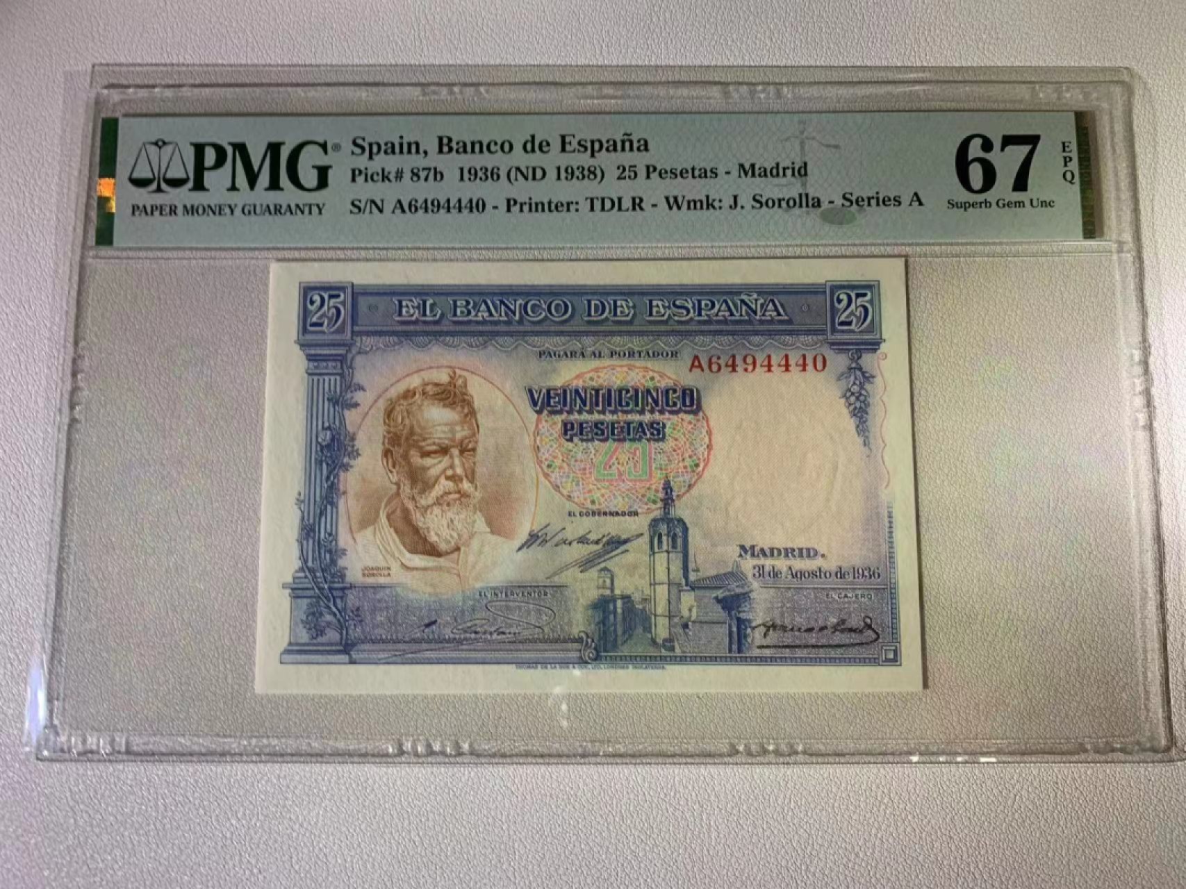 【Blue Auction】✨世界纸币精拍第300期盛典🔥🔥🔥 西班牙 1936年25比塞塔 小华金 名画 PMG67EPQ 高分