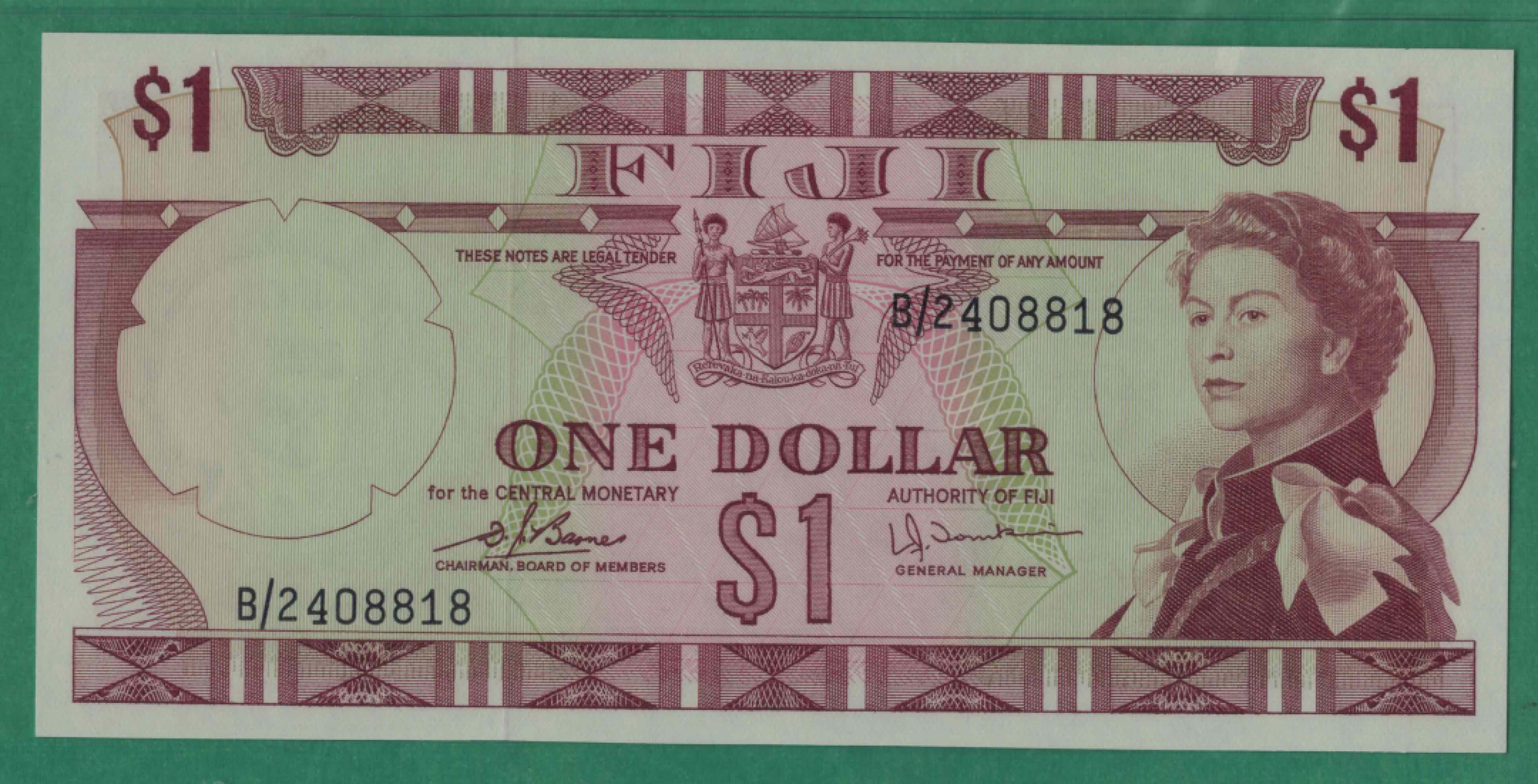 斐济1元 1974年 P-71b 尾号8818 大洋洲纸币 实物如图 UNC