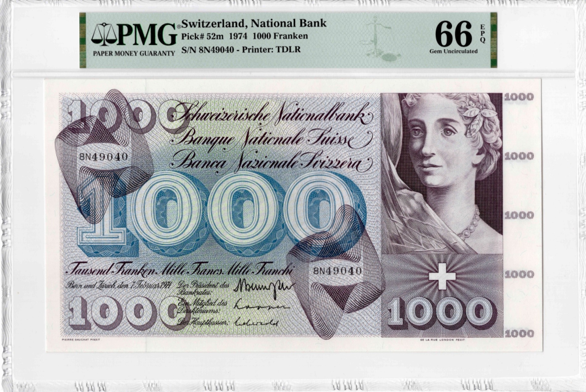 【Blue Auction】✨世界纸币精拍第300期盛典🔥🔥🔥 瑞士 1974年1000法郎 死神之舞 PMG66EPQ 超大票幅 雕刻精美 