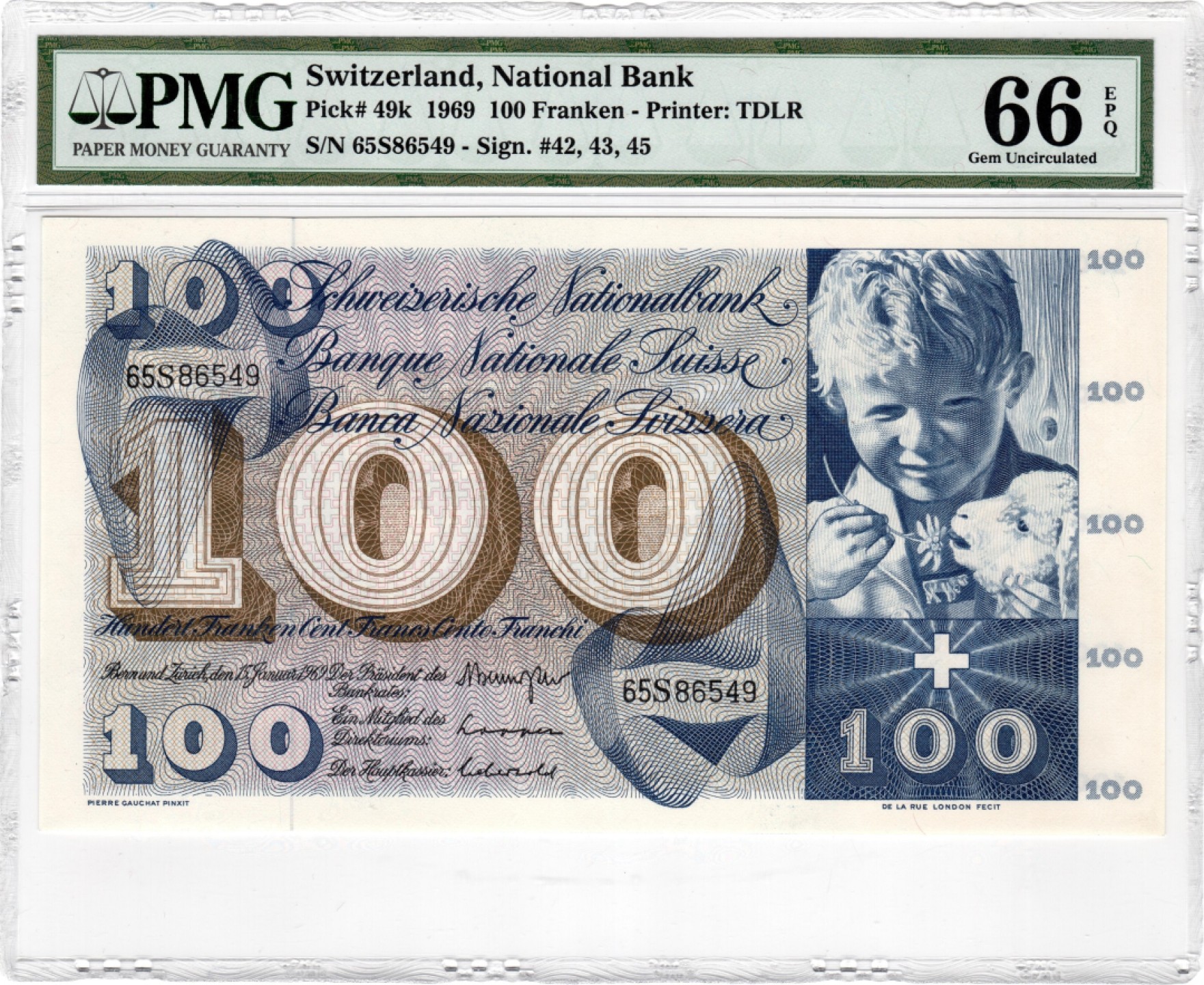 【Blue Auction】✨世界纸币精拍第300期盛典🔥🔥🔥 瑞士 1969年100法郎 圣马丁割袍 PMG66EPQ 超大票幅