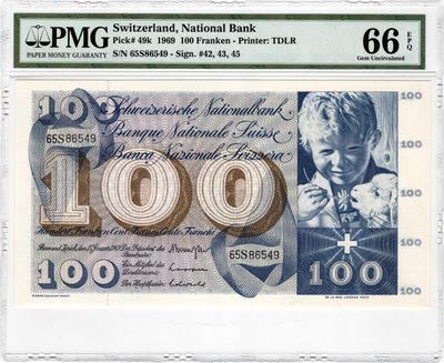 【Blue Auction】✨世界纸币精拍第300期盛典🔥🔥🔥 瑞士 1969年100法郎 圣马丁割袍 PMG66EPQ 超大票幅