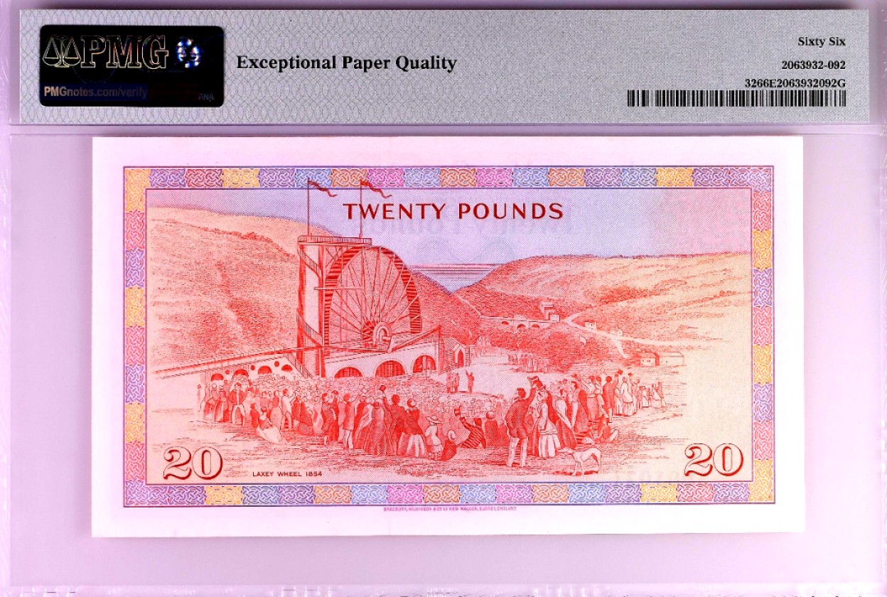 【Blue Auction】✨世界纸币精拍第300期盛典🔥🔥🔥 【千位小号】马恩岛 1979年20镑 BWC出品 女王 背面大场景 PMG66EPQ 