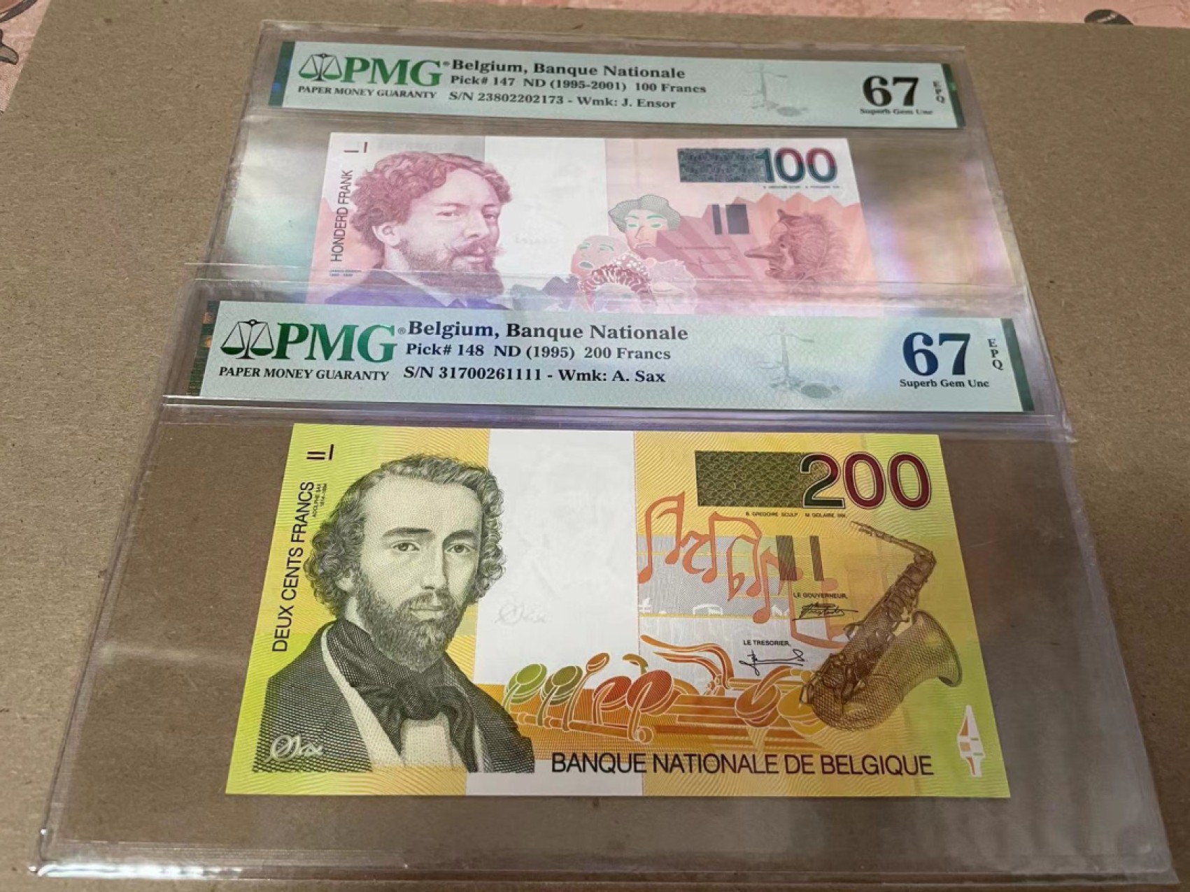 【Blue Auction】✨世界纸币精拍第300期盛典🔥🔥🔥 【一组6张全套 含1111狮子号】比利时 末版 1995-2001年100-1000法郎 PMG67EPQ 同分高分 一步到位