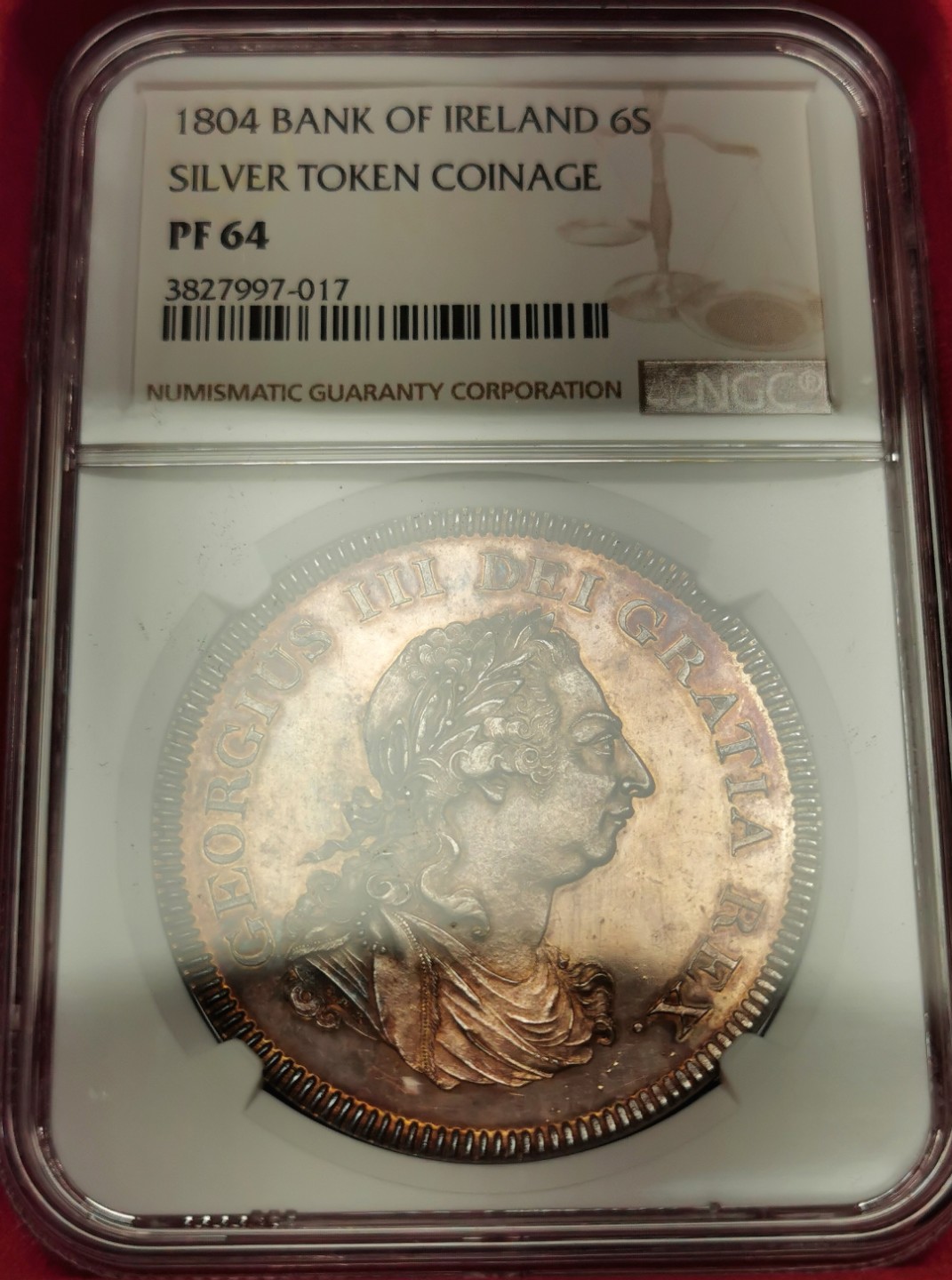 凡希社世界钱币微拍第二百三十期 稀！1804爱尔兰竖琴6先令大银精铸NGC-PF64金色包浆！