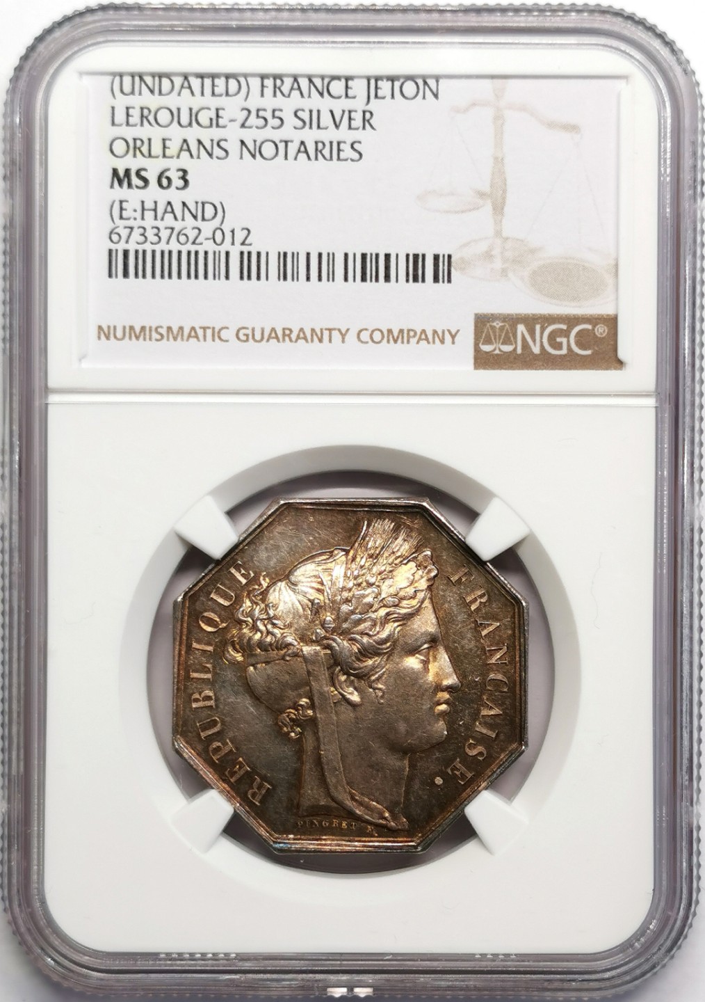 凡希社世界钱币微拍第二百三十期 十九世纪法国奥尔良公证处八角银章NGC-MS63