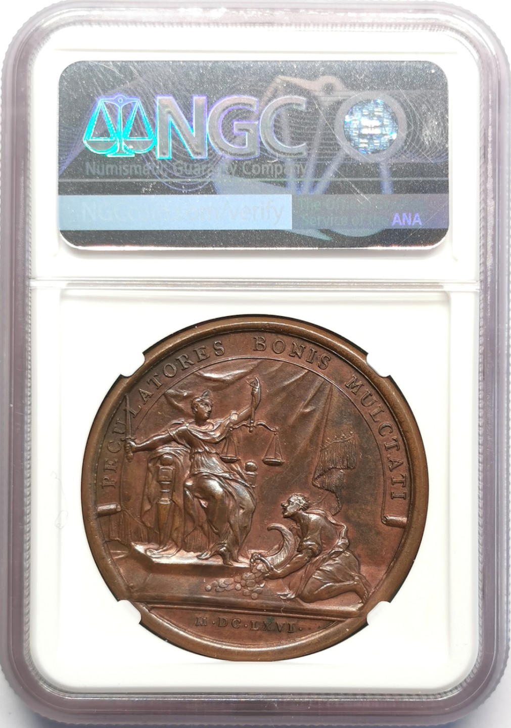 凡希社世界钱币微拍第二百三十期 1666法国太阳王路易十四宽容与正义纪念铜章NGC-MS63铜色优美！