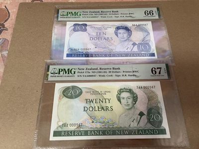 【Blue Auction】✨世界纸币精拍第300期盛典🔥🔥🔥 【一组7张全套 首发冠947全同小号】新西兰 1981-85年1-100元 鸟版 BWC雕刻精美 花冠女王 PMG67EPQ-66EPQ 典藏版