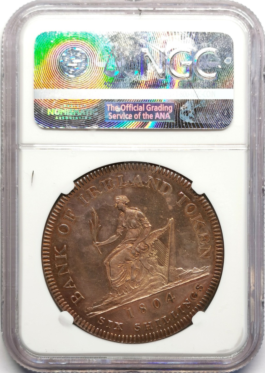 凡希社世界钱币微拍第二百三十期 稀！1804爱尔兰竖琴6先令大银精铸NGC-PF64金色包浆！
