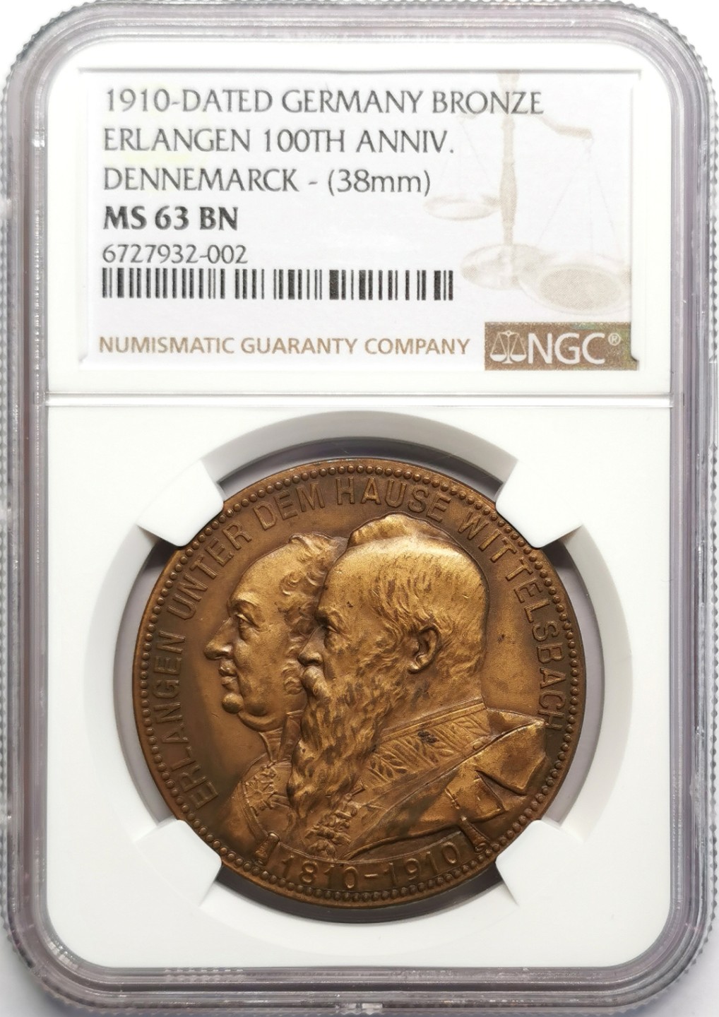 凡希社世界钱币微拍第二百三十期 1910巴伐利亚埃尔朗根百年纪念铜章NGC-MS63