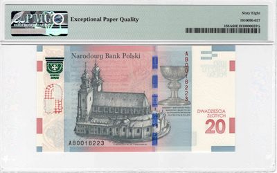 【Blue Auction】✨世界纸币精拍第300期盛典🔥🔥🔥 【无47】波兰 2015年20扎罗提 PMG68EPQ超高分 接受洗礼1050周年纪念钞