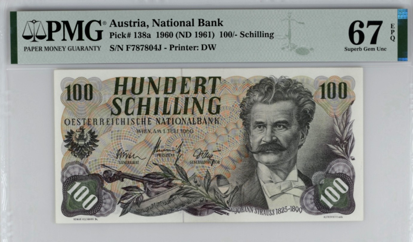 【Blue Auction】✨世界纸币精拍第300期盛典🔥🔥🔥 【冠军分少见】奥地利 1960年100先令 PMG67EPQ 斯特劳斯