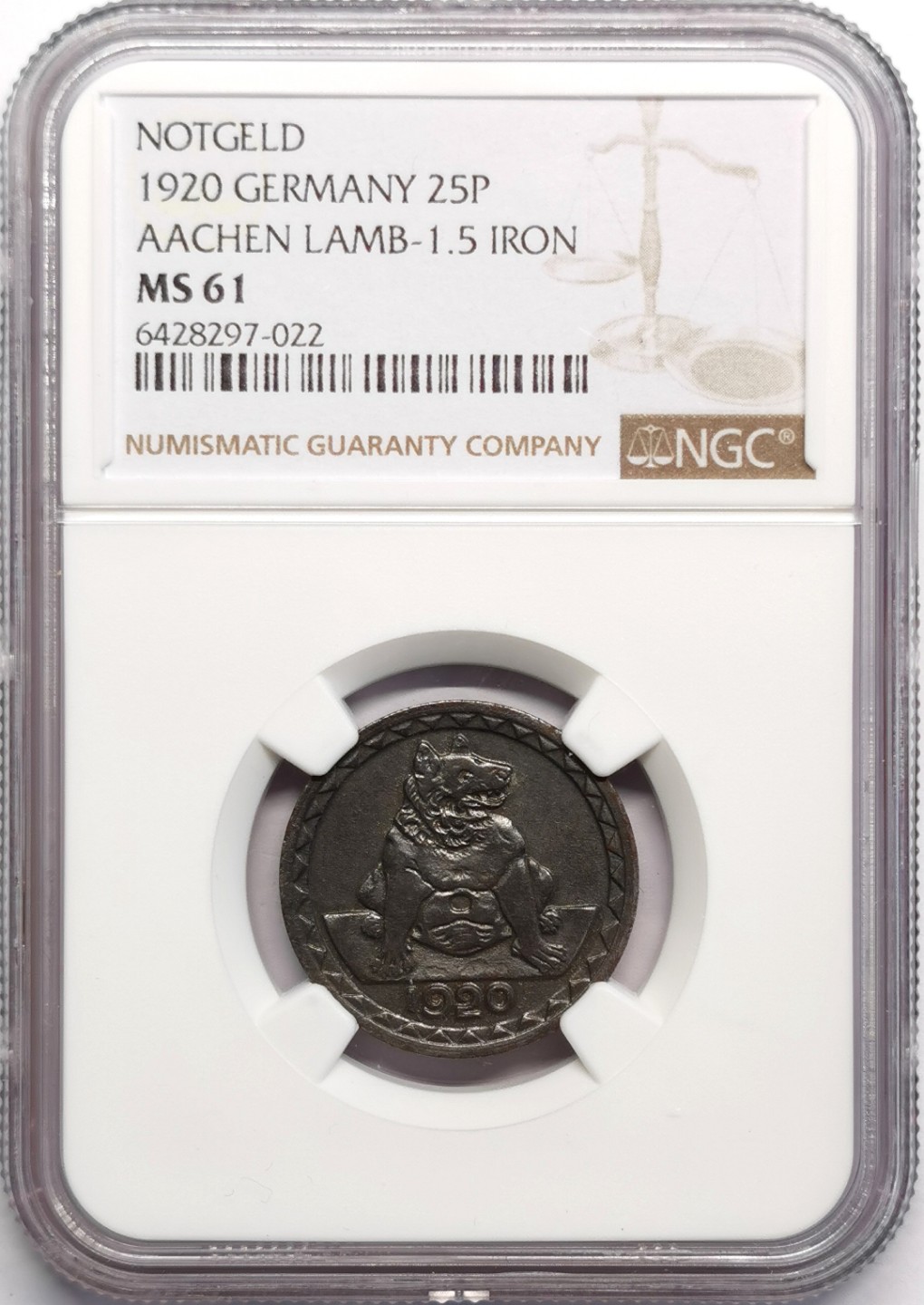 凡希社世界钱币微拍第二百三十期 1920德紧亚琛无心狼25芬尼铁币NGC-MS61