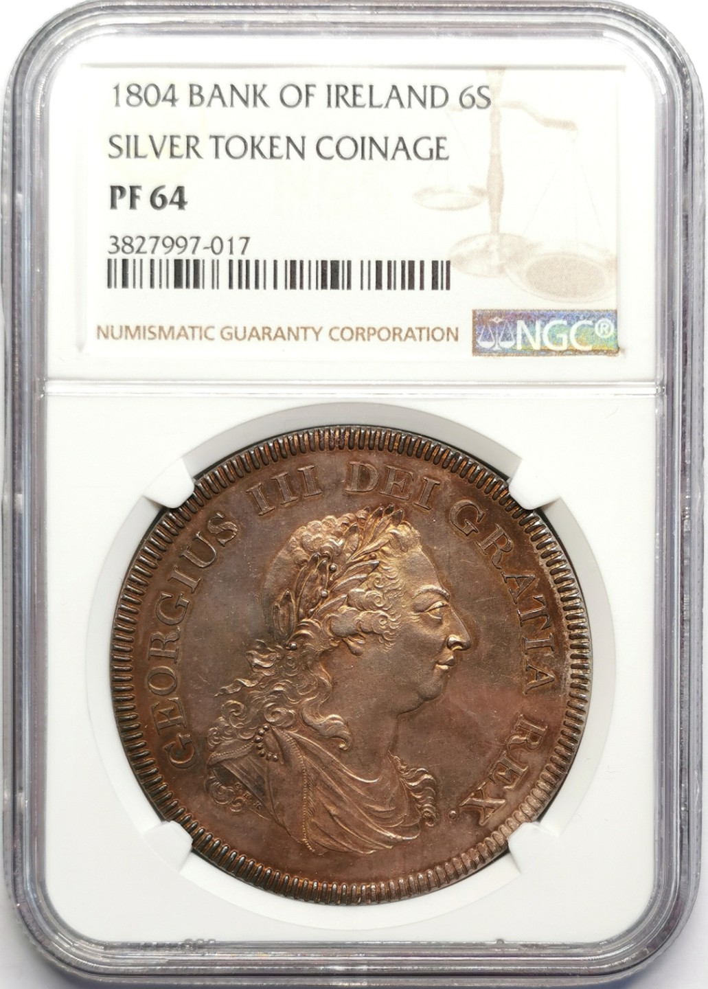 凡希社世界钱币微拍第二百三十期 稀！1804爱尔兰竖琴6先令大银精铸NGC-PF64金色包浆！