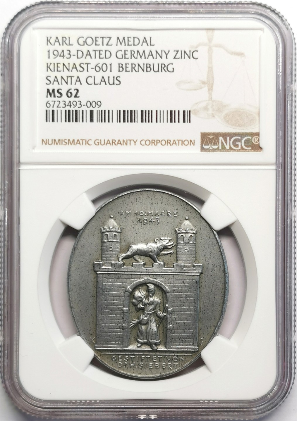 凡希社世界钱币微拍第二百三十期 1943德国伯尔尼堡建成纪念锌章NGC-MS62卡尔哥茨作品！