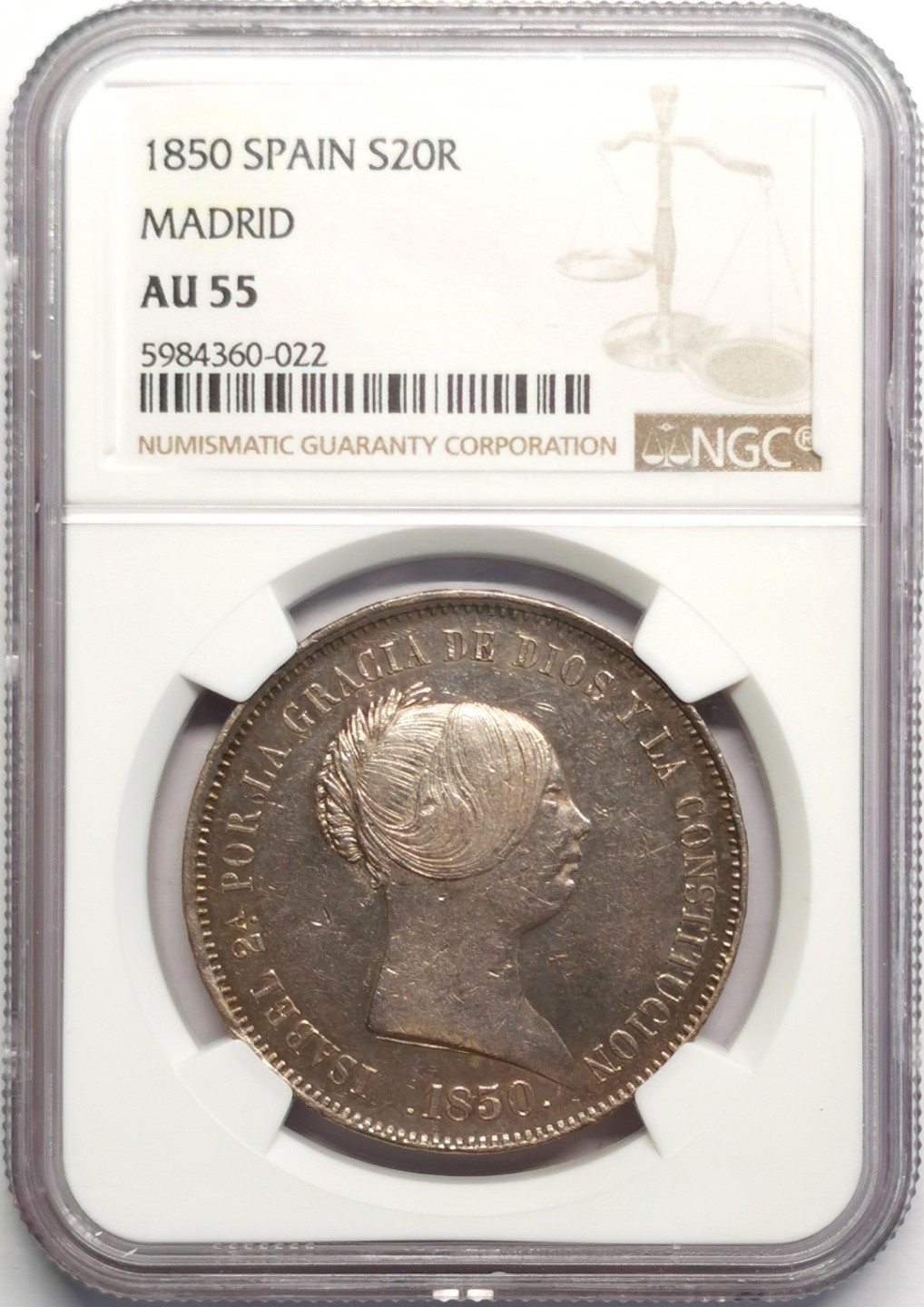 凡希社世界钱币微拍第二百三十期 1850西班牙伊莎贝拉20R大银NGC-AU55