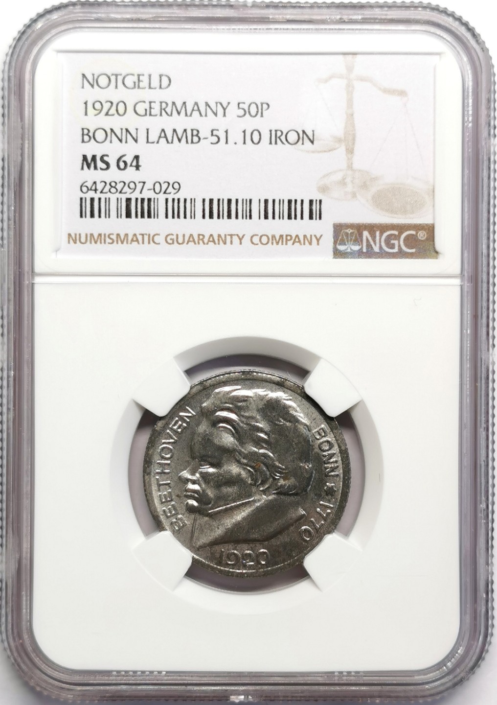 凡希社世界钱币微拍第二百三十期 1920德紧波恩贝多芬50芬尼铁币NGC-MS64