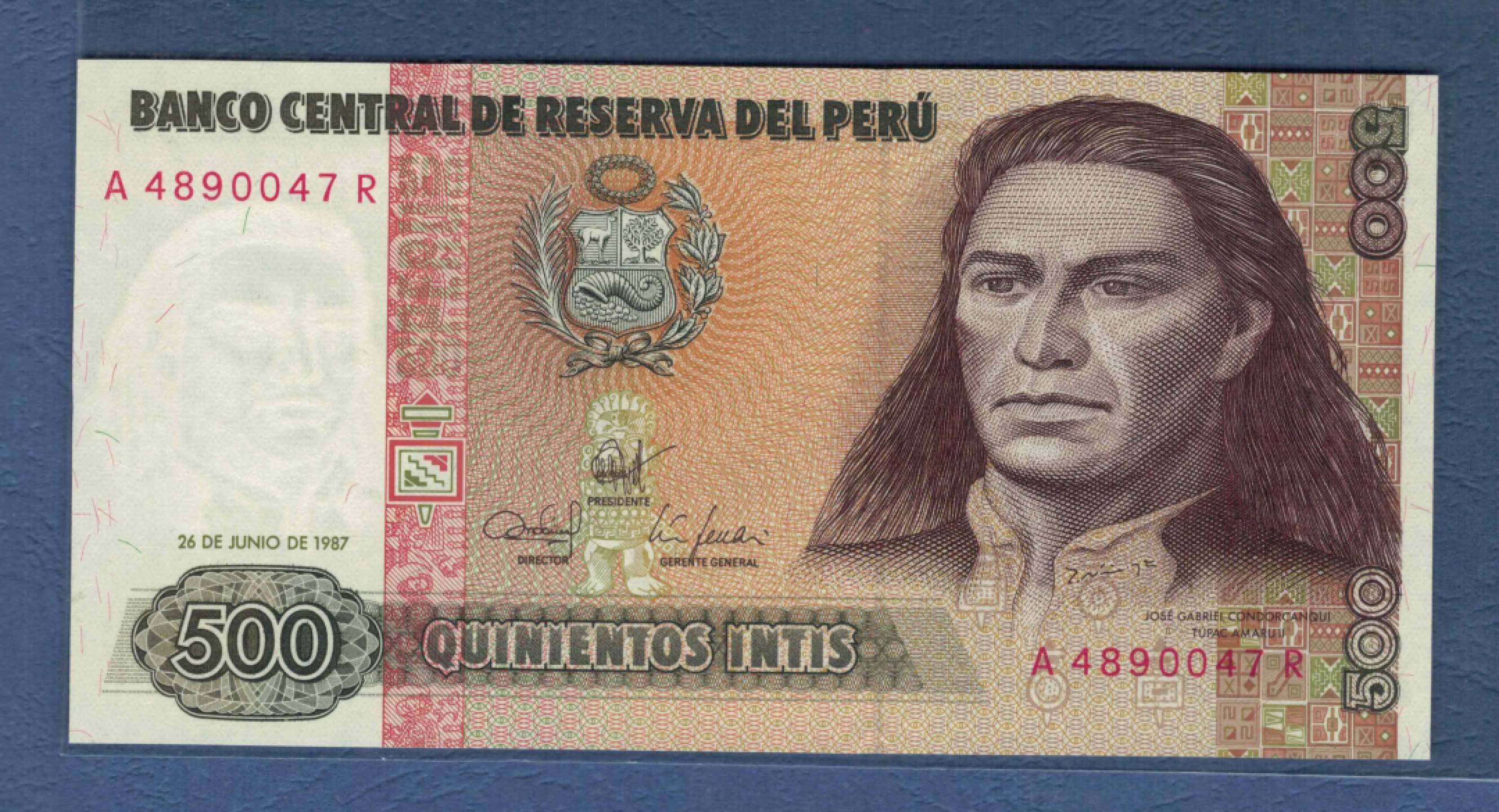 秘鲁500印蒂 1987年 实物图 美洲纸币 UNC