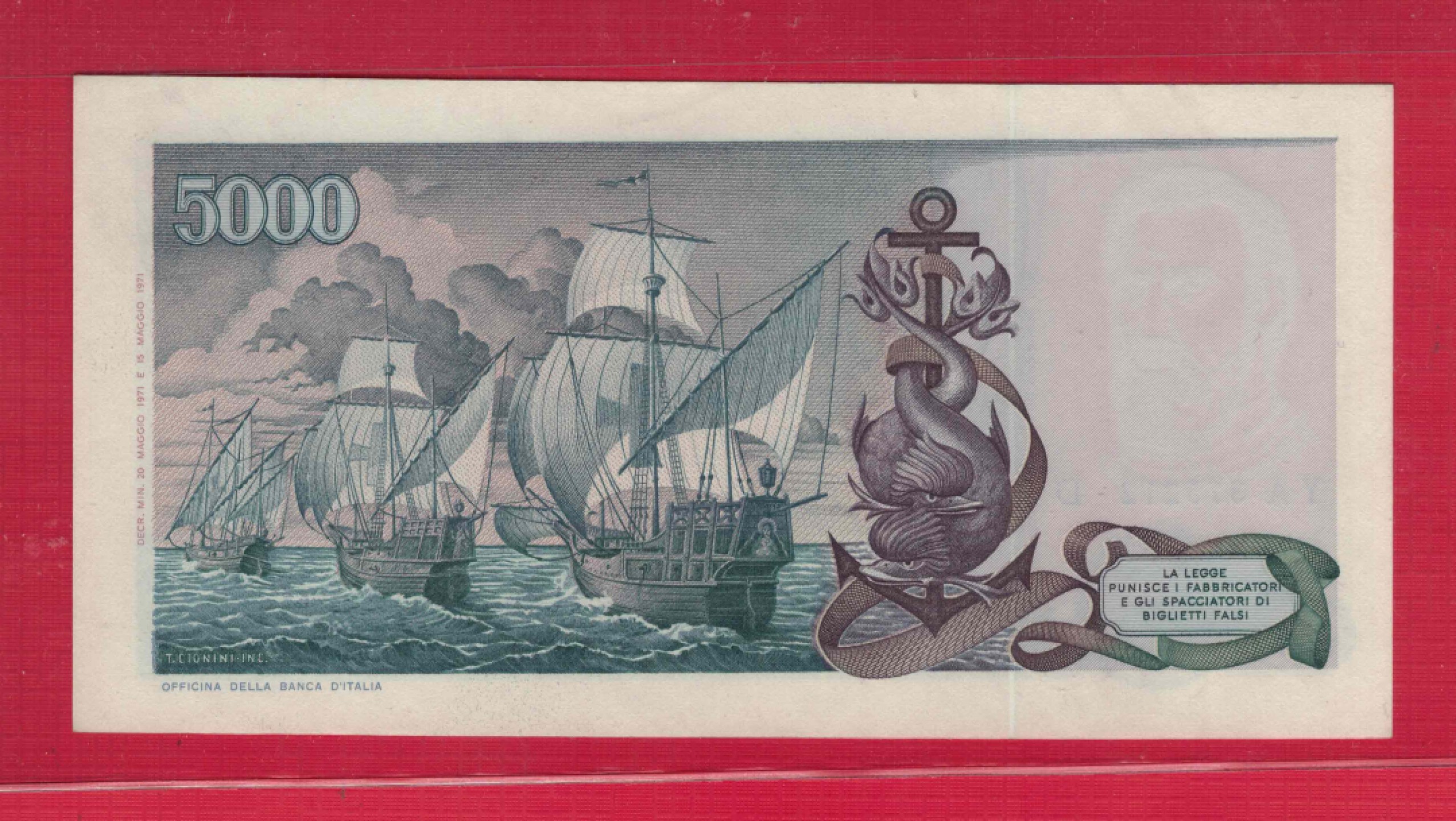 意大利5000里拉 1971年 P-102a 欧洲纸币 实物图 UNC