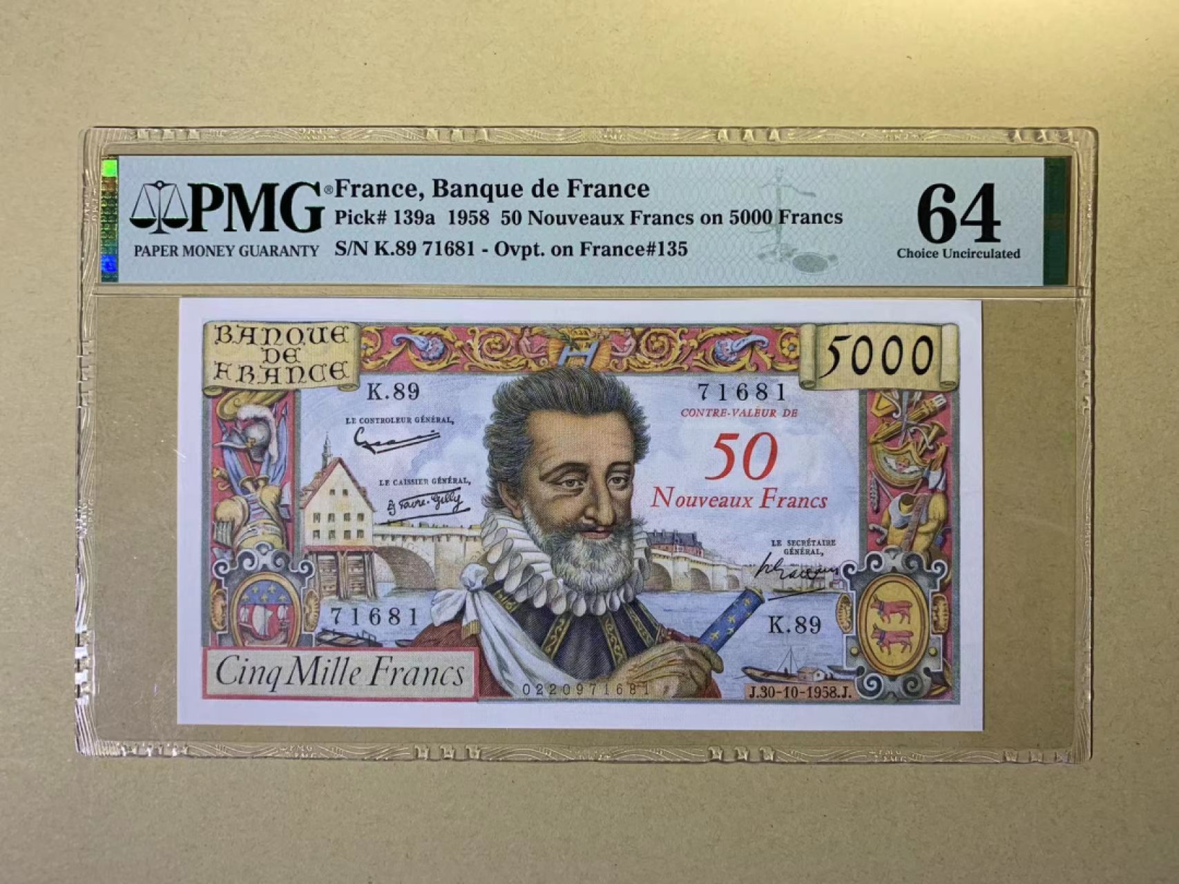 【Blue Auction】✨世界纸币精拍第300期盛典🔥🔥🔥 【红字加盖版少见 仅2张更高分】法国 1958年50新法郎 PMG64 亨利四世 设计精美 