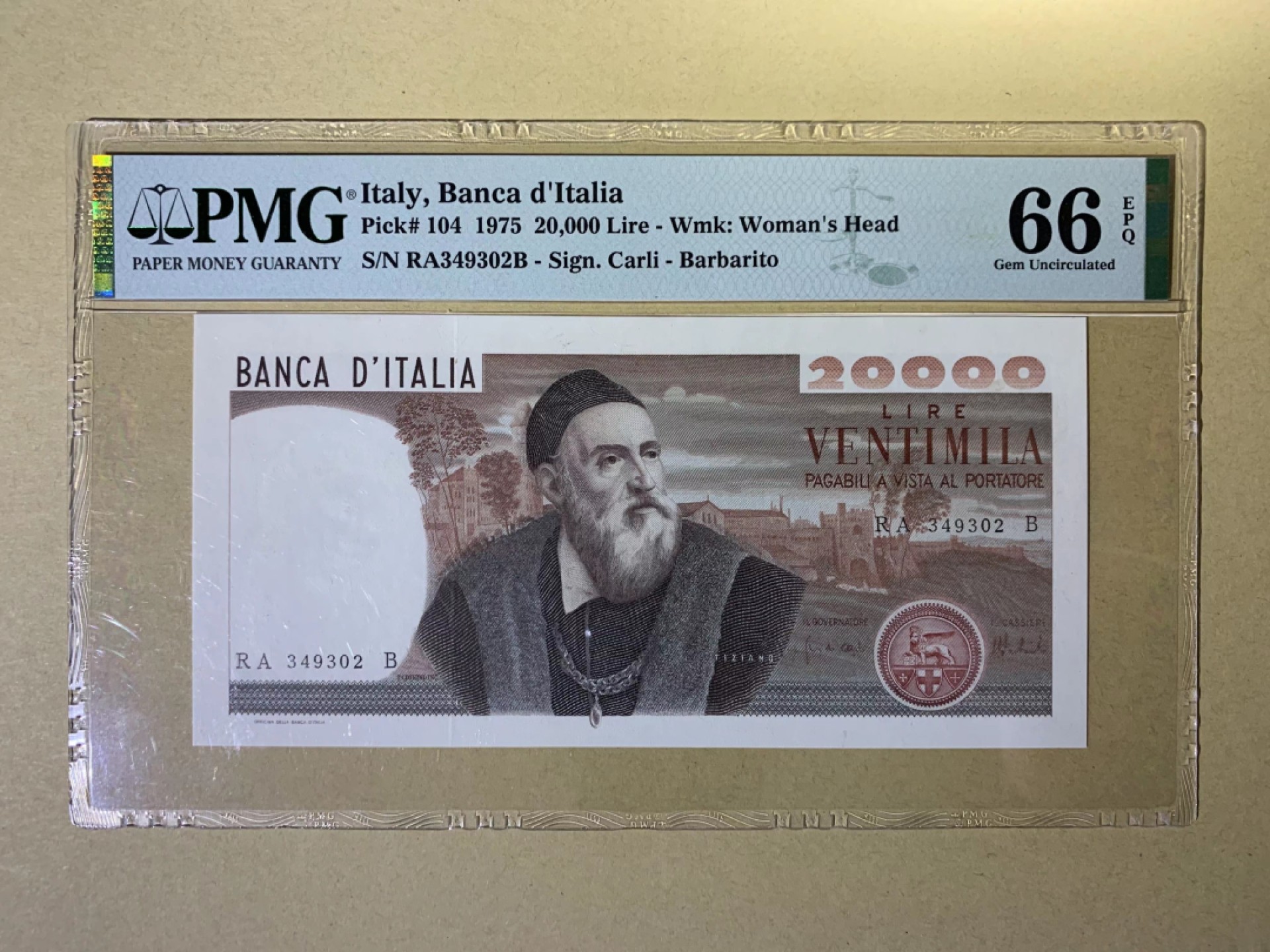 【Blue Auction】✨世界纸币精拍第300期盛典🔥🔥🔥 意大利 1975年20000里拉 经典提香 PMG66EPQ 名画 