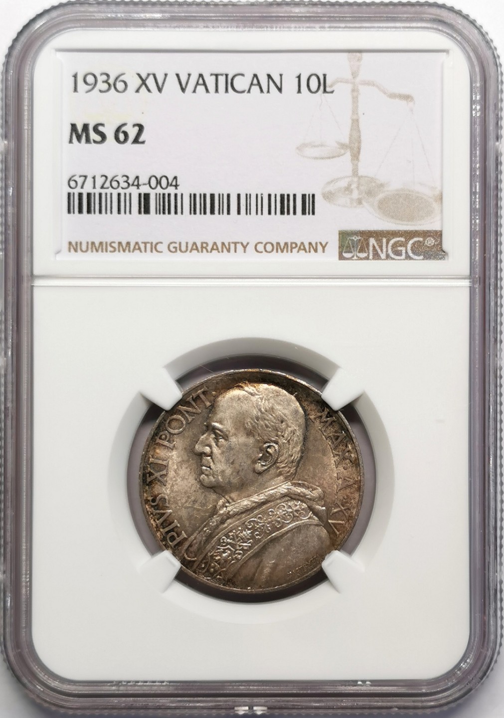 凡希社世界钱币微拍第二百三十期 1936梵蒂冈10里拉银币NGC-MS62