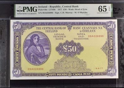 【Blue Auction】✨世界纸币精拍第300期盛典🔥🔥🔥 【无47靓号】爱尔兰 1977年50镑 超大票幅 PMG65EPQ 绝品 拉弗雷夫人 耐看