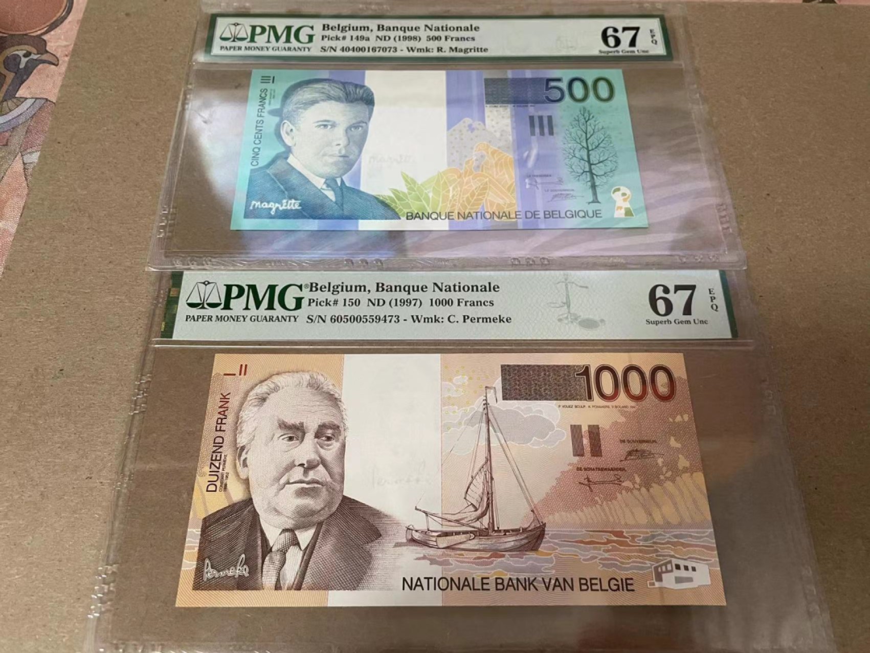【Blue Auction】✨世界纸币精拍第300期盛典🔥🔥🔥 【一组6张全套 含1111狮子号】比利时 末版 1995-2001年100-1000法郎 PMG67EPQ 同分高分 一步到位