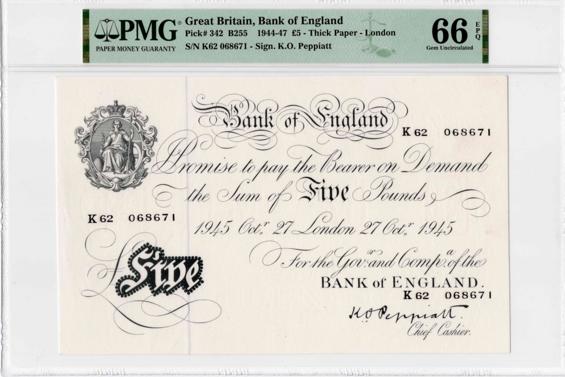 【Blue Auction】✨世界纸币精拍第300期盛典🔥🔥🔥 英国 1944-47年5镑 PMG66EPQ 大票幅 白色英镑 PMG66EPQ 