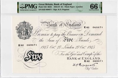 【Blue Auction】✨世界纸币精拍第300期盛典🔥🔥🔥 英国 1944-47年5镑 PMG66EPQ 大票幅 白色英镑 PMG66EPQ 