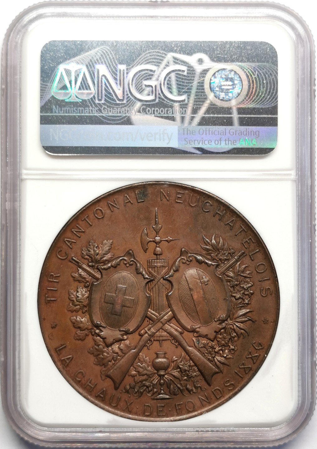 凡希社世界钱币微拍第二百三十期 1886瑞士纳沙泰尔-拉绍德封射击节纪念铜章NGC-MS62