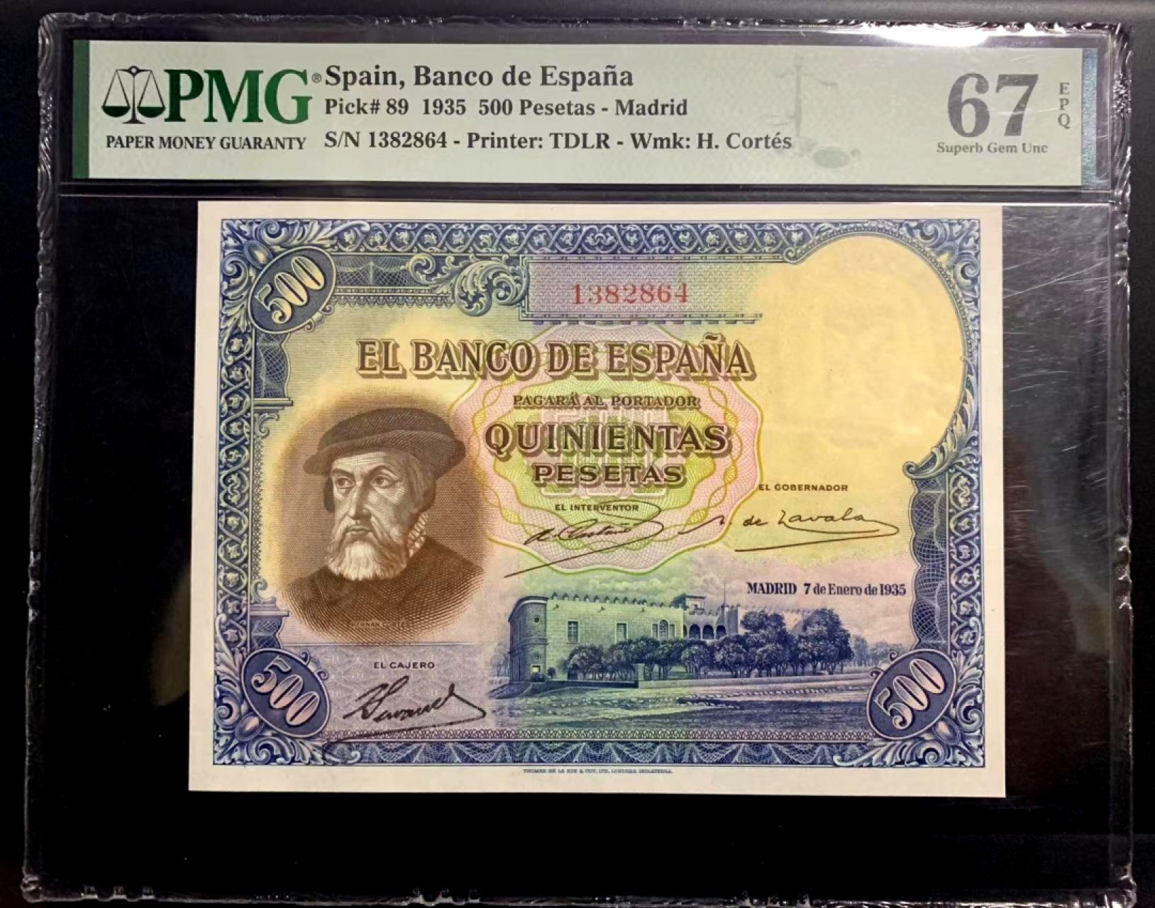 【Blue Auction】✨世界纸币精拍第300期盛典🔥🔥🔥 【冠军分少见】西班牙 1935年500比塞塔 PMG67EPQ 高分 科尔特斯 雕刻精美