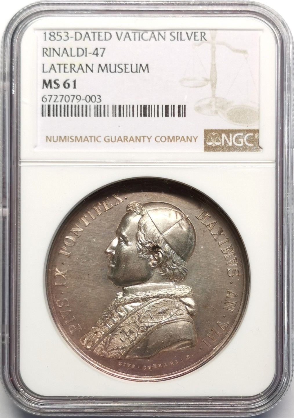 凡希社世界钱币微拍第二百三十期 1853梵蒂冈教宗庇护九世拉特兰博物馆纪念银章NGC-MS61