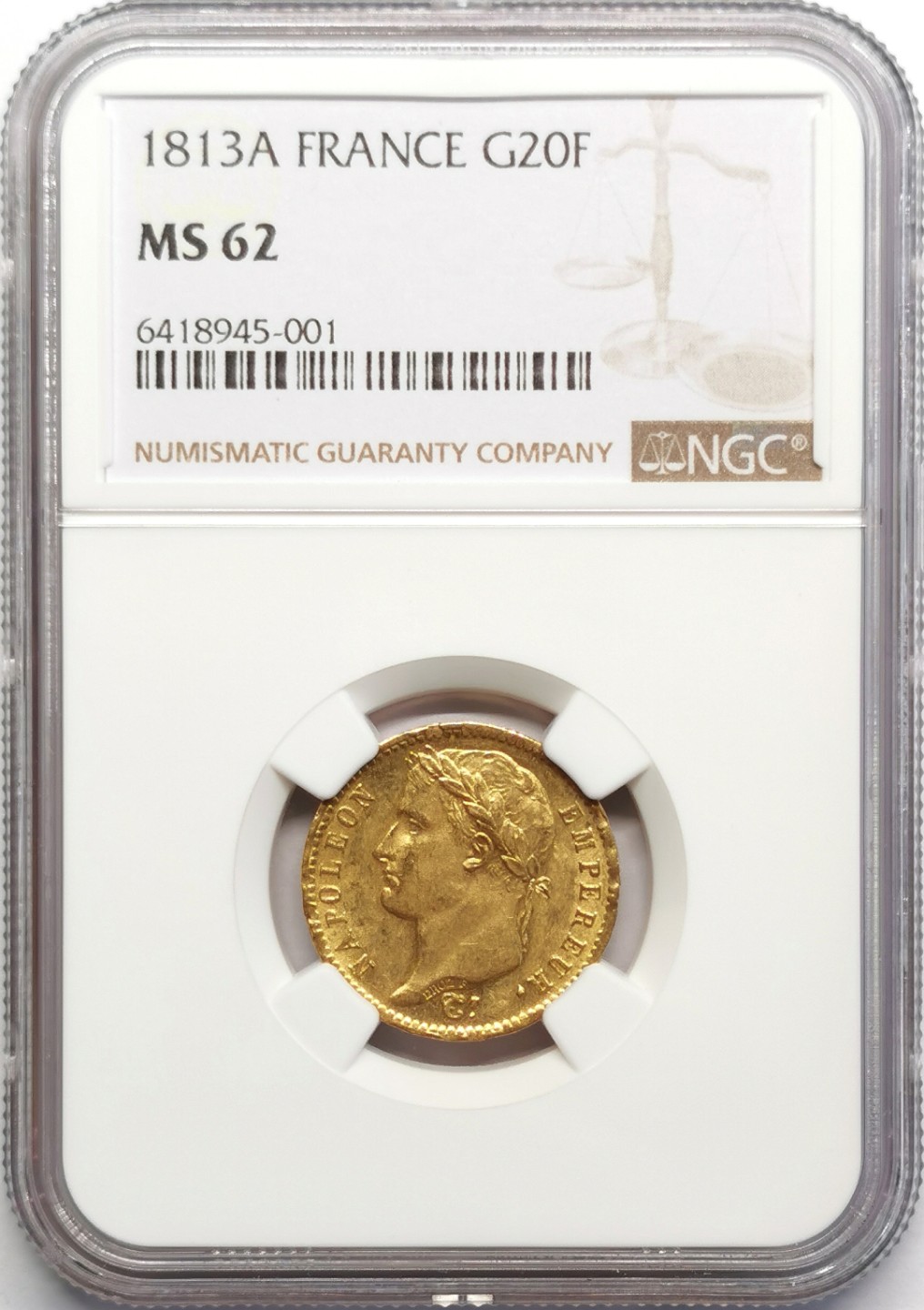 凡希社世界钱币微拍第二百三十期 荐！1813A法国拿破仑桂冠20法郎金币NGC-MS62