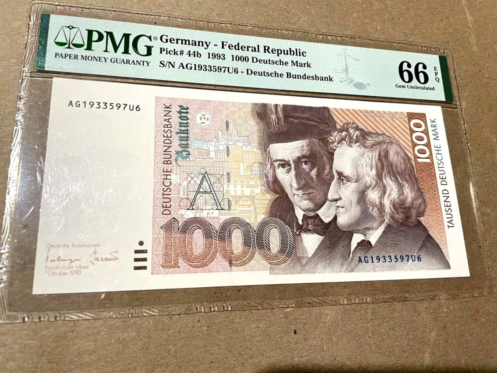 【Blue Auction】✨世界纸币精拍第300期盛典🔥🔥🔥 【p44b】德国 1993年1000马克PMG66EPQ 格林兄弟 