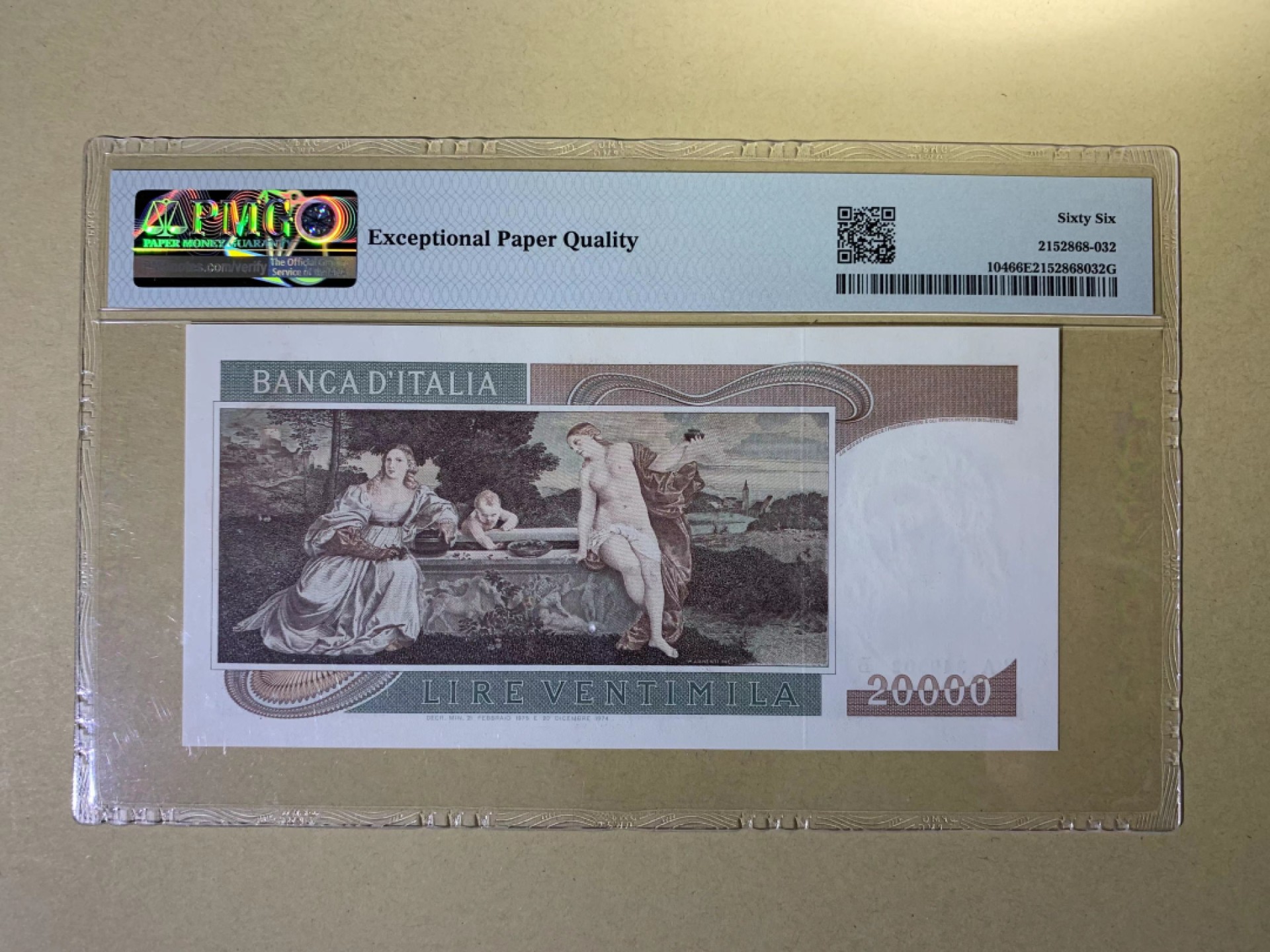 【Blue Auction】✨世界纸币精拍第300期盛典🔥🔥🔥 意大利 1975年20000里拉 经典提香 PMG66EPQ 名画 
